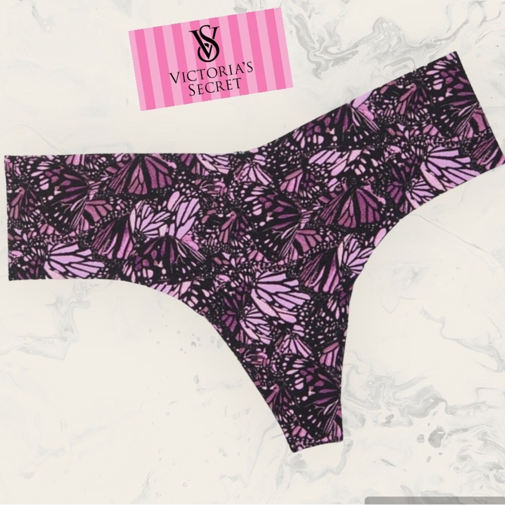 VICTORIA’S SECRET  No-Show Thong Panty Size M Pink-Black Floral